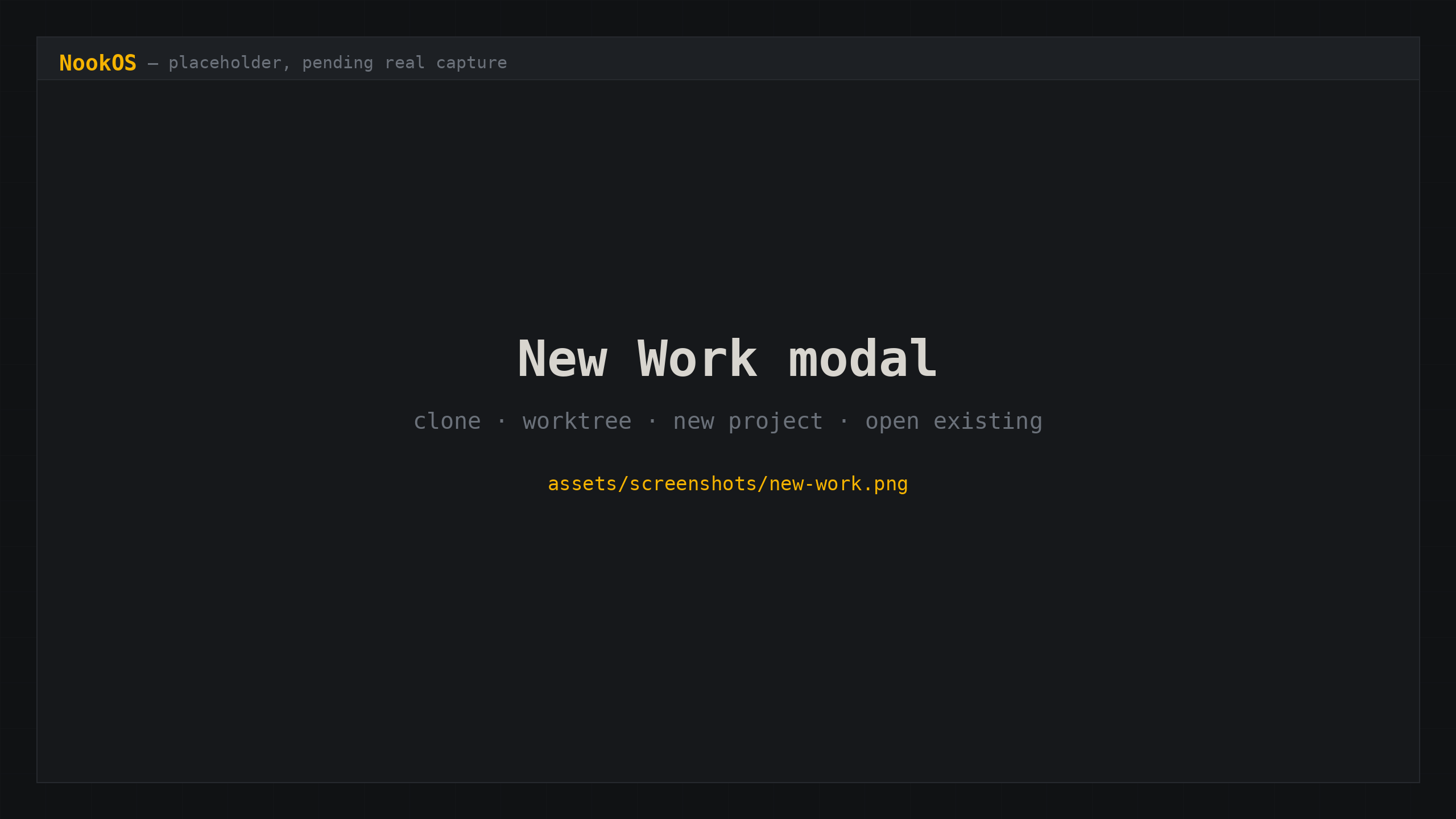 The New Work modal in NookOS, offering to clone a repository, add a worktree, start a new project or open an existing workspace, with machine and runtime pickers.