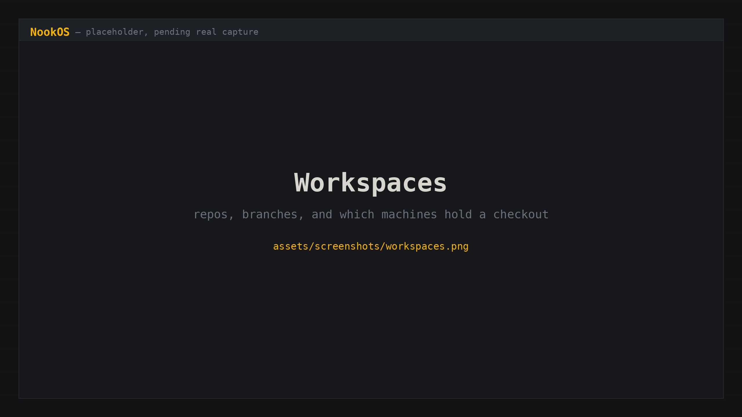 The NookOS workspaces list, showing repositories with their branch, dirty state and which machines hold a checkout.